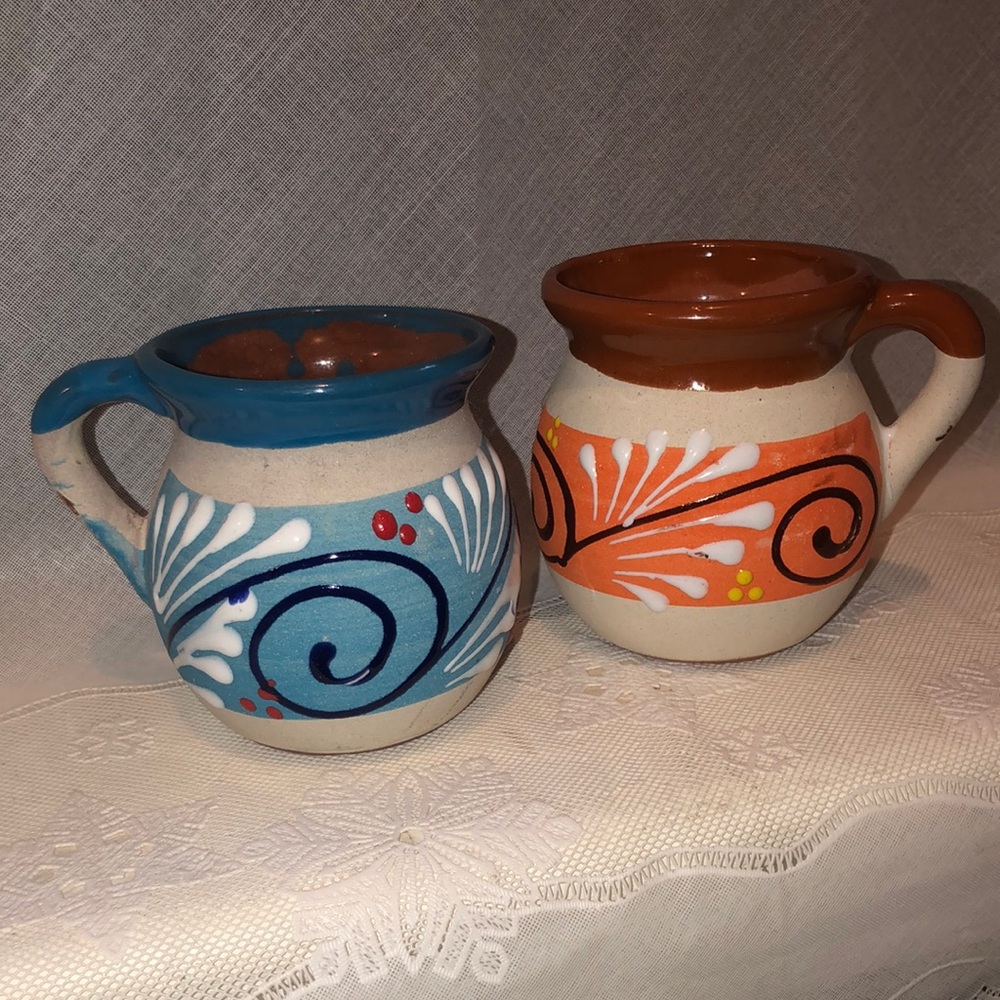 2 Beautiful handmade pottery terra-cotta hand-painted mugs